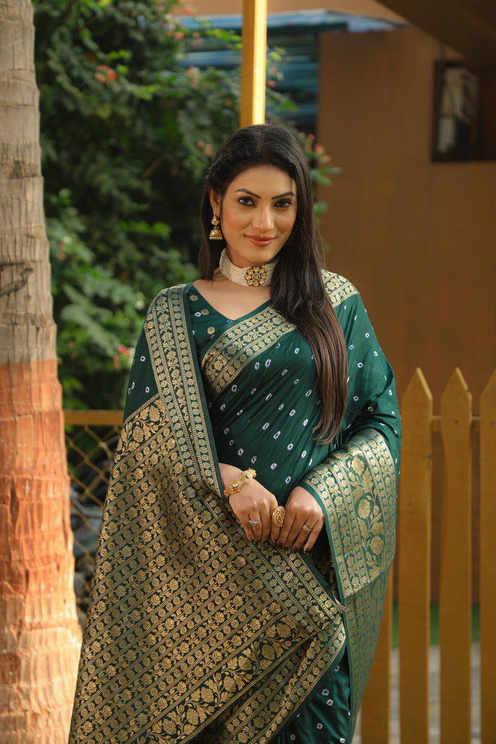 Green Toral Bandhej Kanjivaram Silk Saree Kanjivaram Border With Zari Weaving Rich Pallu