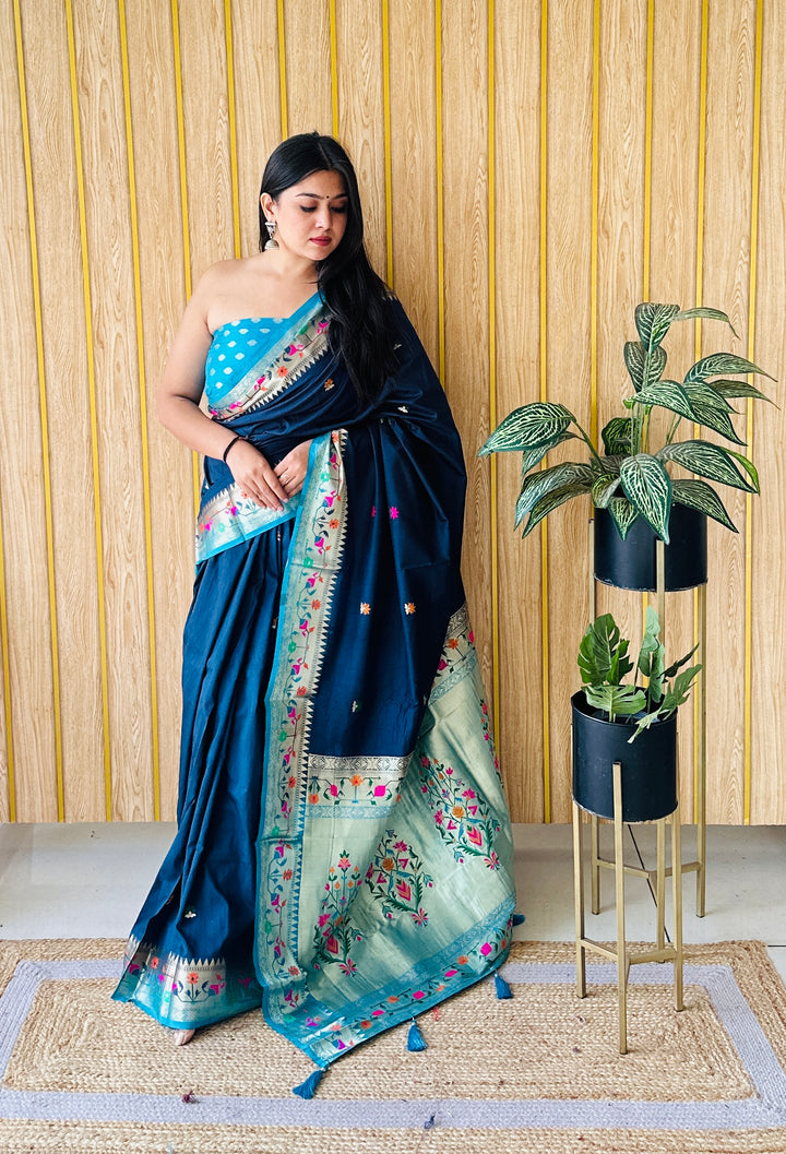 Sky Blue Shabri Paithani Soft  Silk Sarees Weaved With Buttas Pattern & Contrast Concept