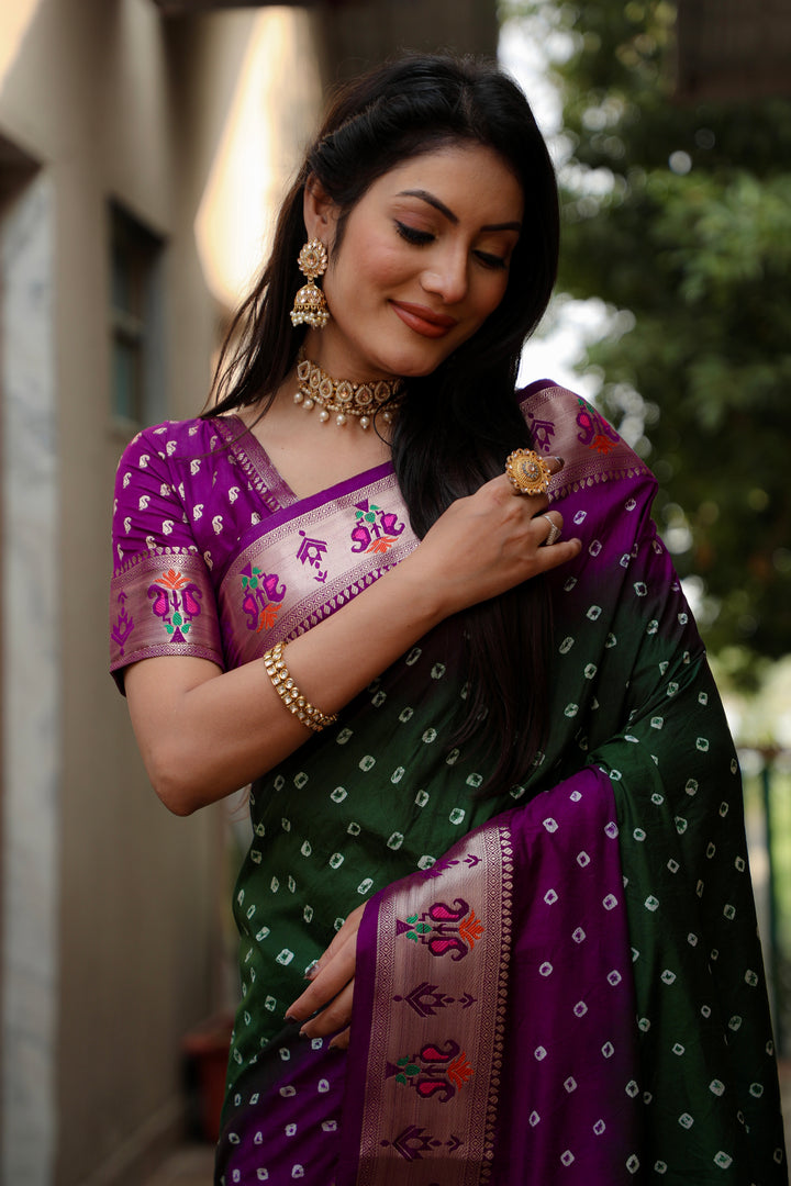 Green Chandani Dola Soft Silk Bandhej Sarees Jari Paithani Weaving Border & Weaving Paithani Style Rich Pallu