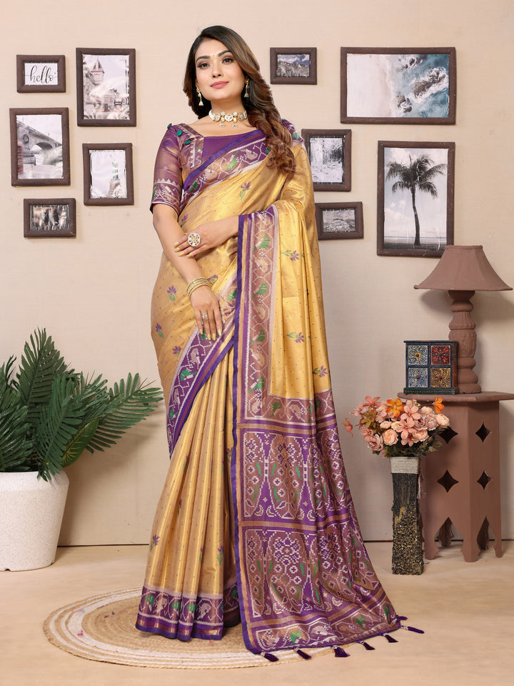 Yellow-Purple Surekha Banarasi Silk Saree With Contrast Patola Woven Borders & Pallu