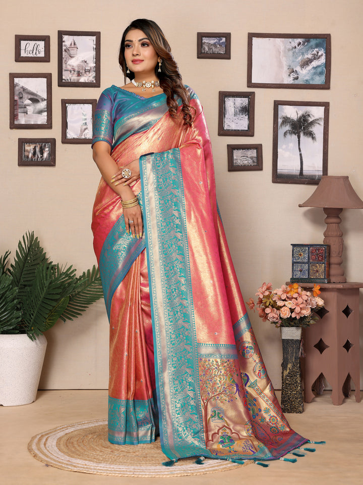 Pink Vantara Banarasi Tissue Silk Saree With Contrast Paithani Woven Borders & Pallu