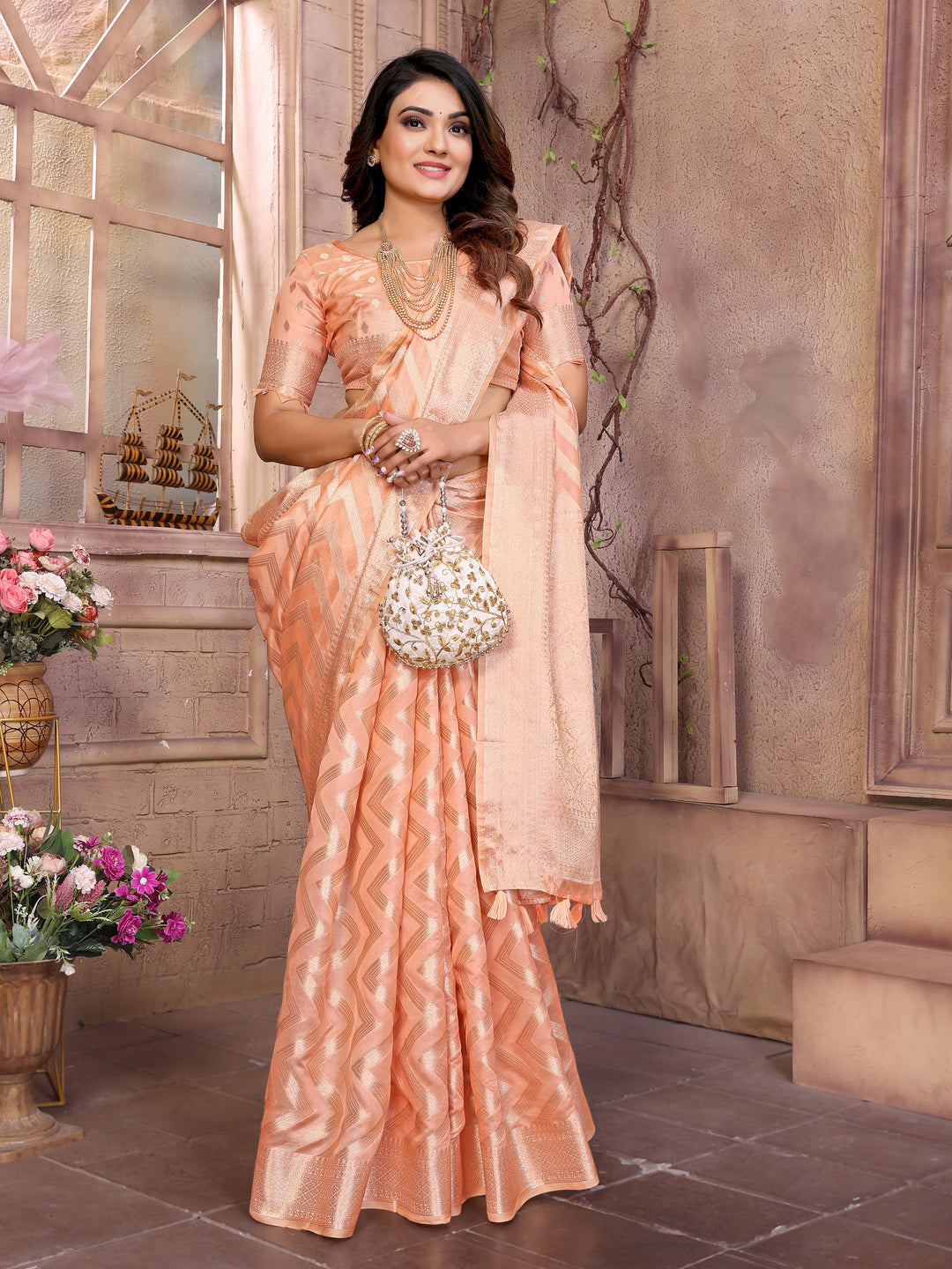Orange Dwija Soft Organza Silk Banarasi Saree With Unique Butta With Unique Colours