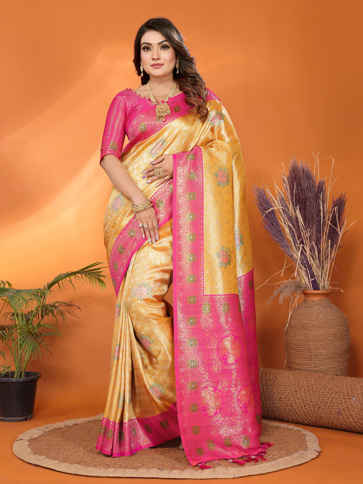 Yellow Saroj Banarasi Silk Saree With Contrast Paithani Woven Borders & Pallu