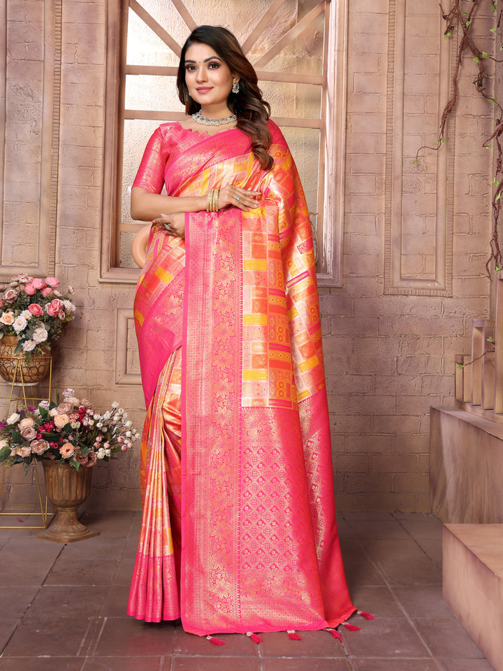 Orange Somya Banarasi Chaturi silk saree ,Jari weaving Border and Weaving rich pallu