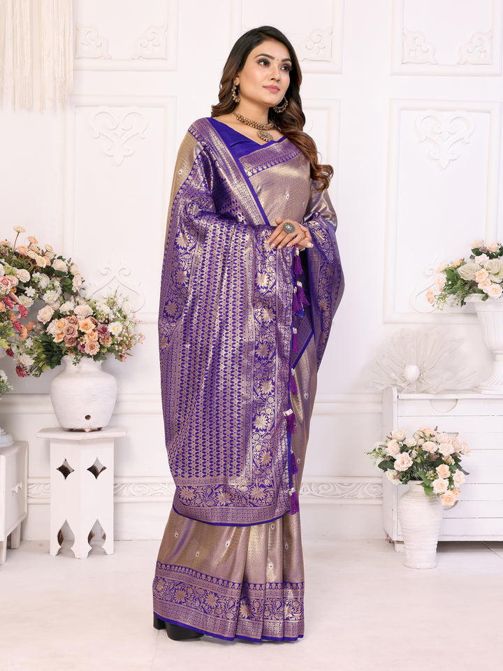 Purple Eshwari Banarasi tissue silk  sarees with all over Butti contrast woven borders classic pallu