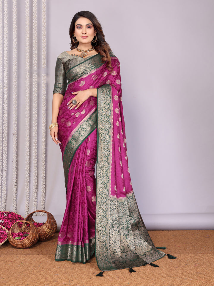 Purple Sandhya Satin Silk Sarees With Butta Designs & Contrast Zari Woven Borders
