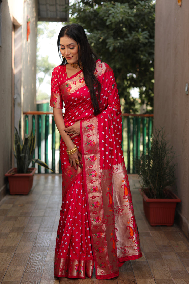 Red Yogeshwari Dola Soft Silk Bandhej Saree With Jari Border & Weaving Paithani Style Rich Pallu