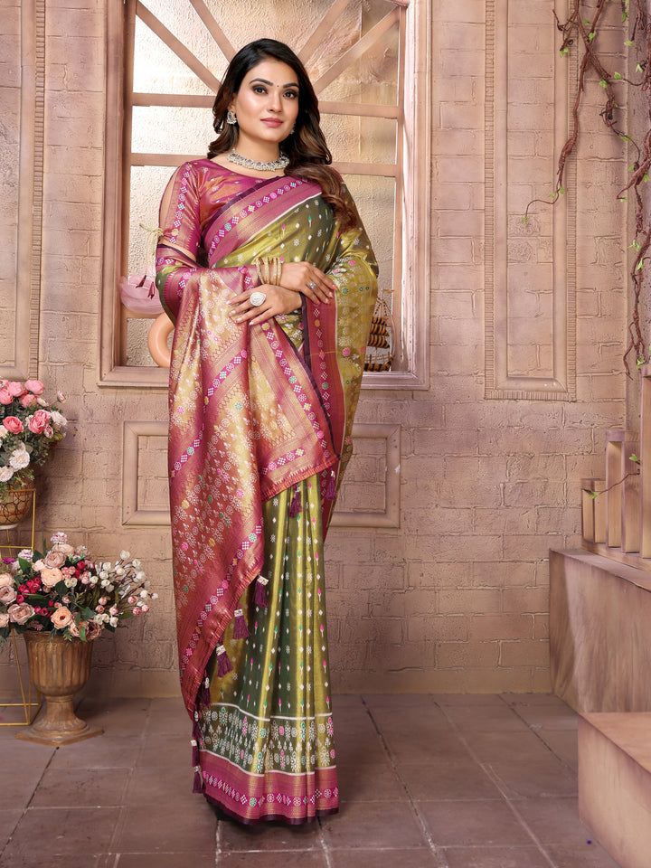 Green Tarveni Banarasi Tissue Silk (Patola weaving) Saree With Contrast Patola Woven Borders & Pallu