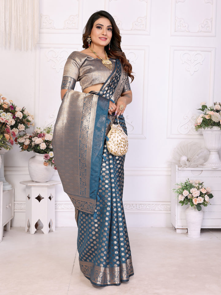 Blue Aruni Soft Organza Silk Banarasi Saree With Unique Butta With Unique Colours