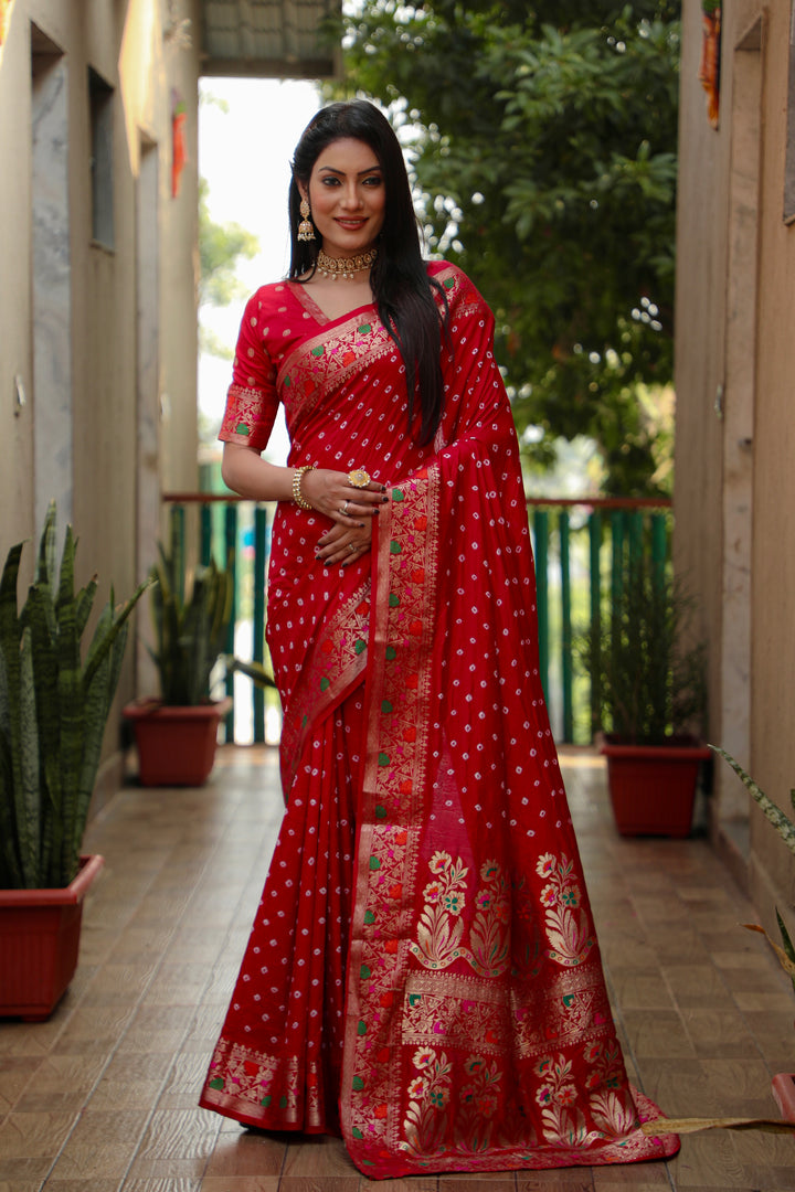Red Nazakat Pure Bandhej Silk Saree With Patola Border Zari Weaving Paithani And Paithani Rich Pallu