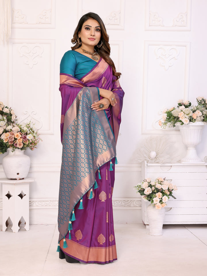 Purple Vardhman Lichi soft Silk sarees woven Butta concept & woven Zari borders both sides