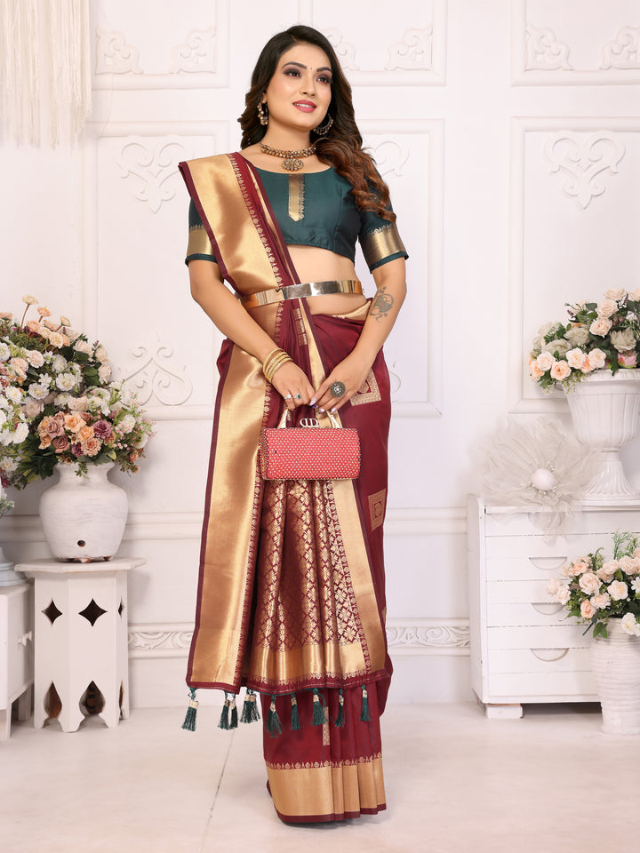 Maroon Sameera Lichi soft Silk sarees & woven Butta concept With woven Zari borders both sides