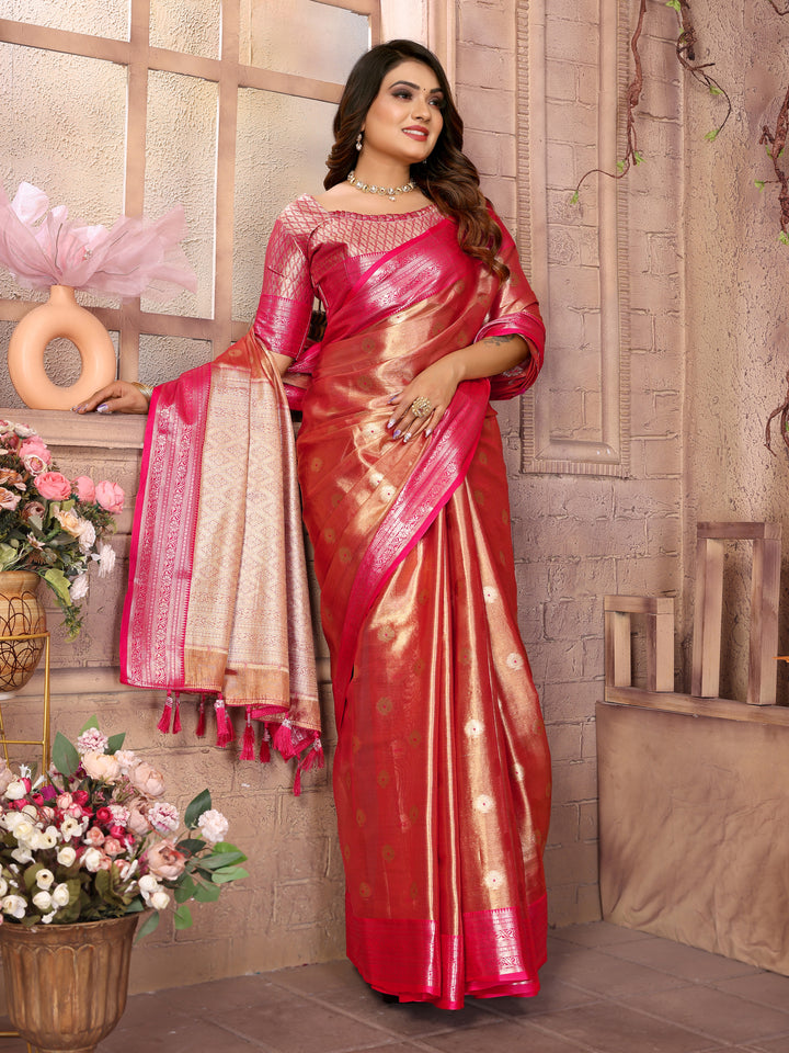 Red Anita Handloom Tissue Silk Sarees with Zari Weaving Designs and Zari borders Rich Pallu