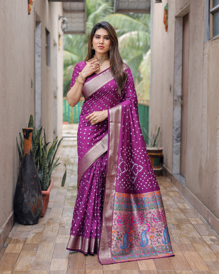 Wine Yashomati Dola Soft Silk Bandhej Sarees With Awesome Two Sides Jari Border &  Paithani Style Rich Pallu
