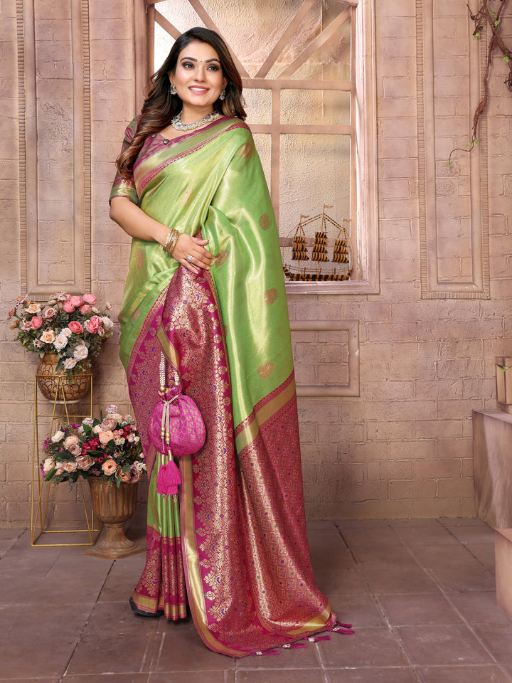 Green Sundari Banarasi Tissue Silk Saree With Contrast Banarasi Woven Borders & Pallu