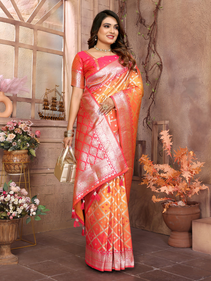 Orange Kundan kochi silk saree with beautiful Checks weaving exclusive work soft comfy