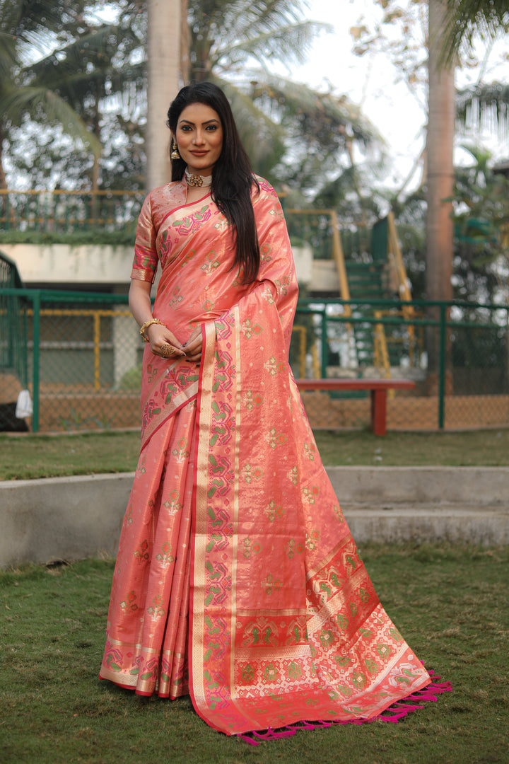 Pink Isha Organza Silk Sarees Ikkat Patola concept With Ikkat Patola weave pallu with tassels