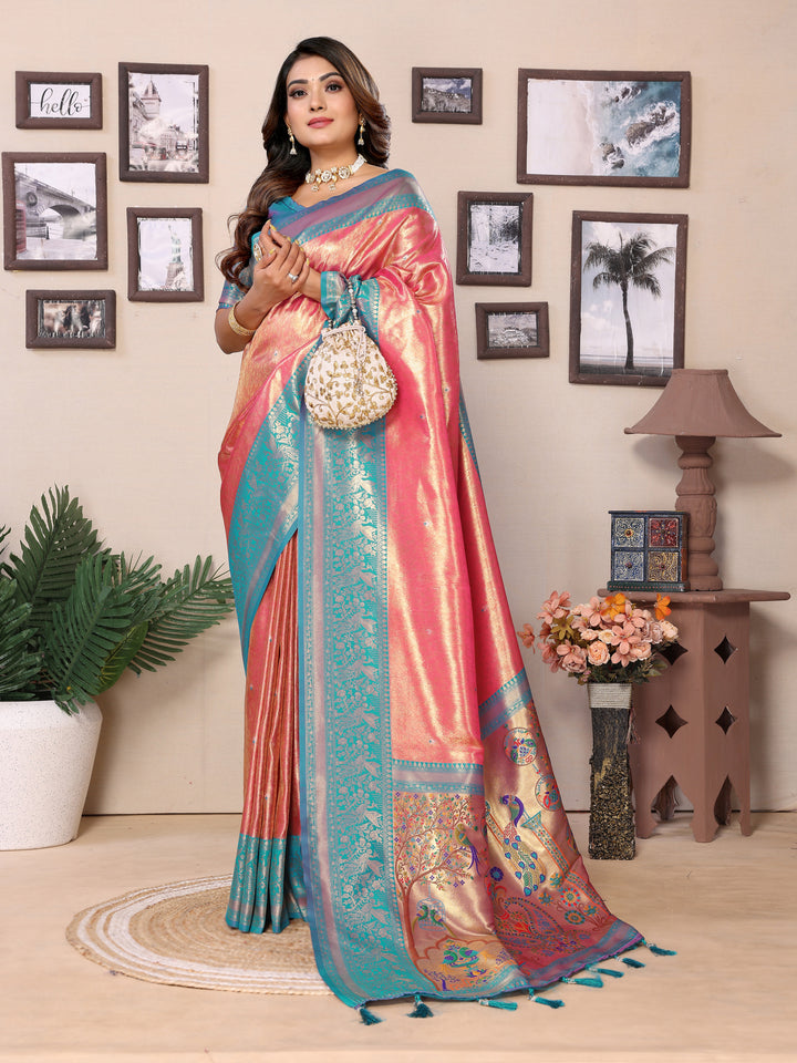 Pink Vantara Banarasi Tissue Silk Saree With Contrast Paithani Woven Borders & Pallu