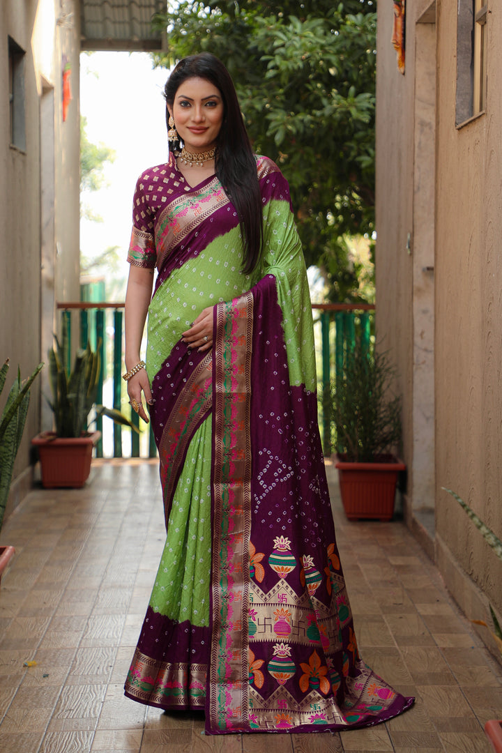 Green Swastik Pure Bandhej Silk Saree With Minakari Border Kalash & Swastik Design Rich Pallu Saree