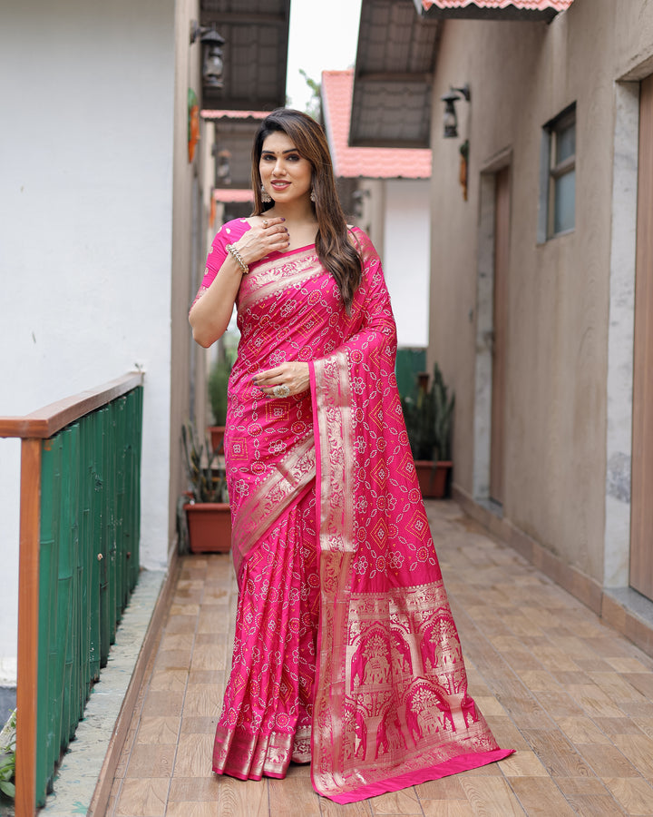 Pink Pushpavati Soft Dola Silk Bandhej Sarees With Kanchi Weaving Border With Multicolour Bandhej Block Print Design
