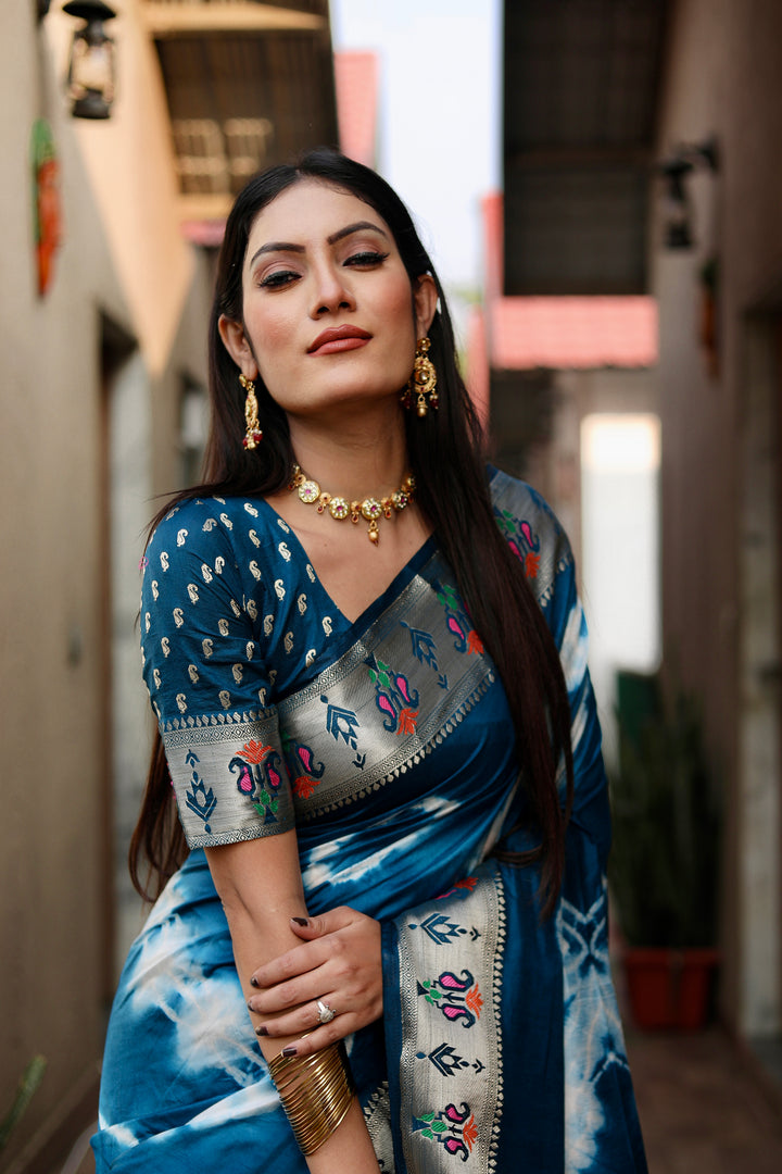 Blue Vatika Sibori Print Paithani Silk Sarees With Gold Zari Paithani Border & Contrast Rich Pallu