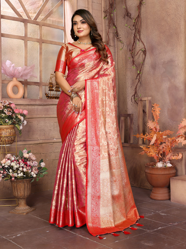 Red Vanita Tissue Silk Saree Zari Designs and Contrast Zari Borders & Rich Pallu