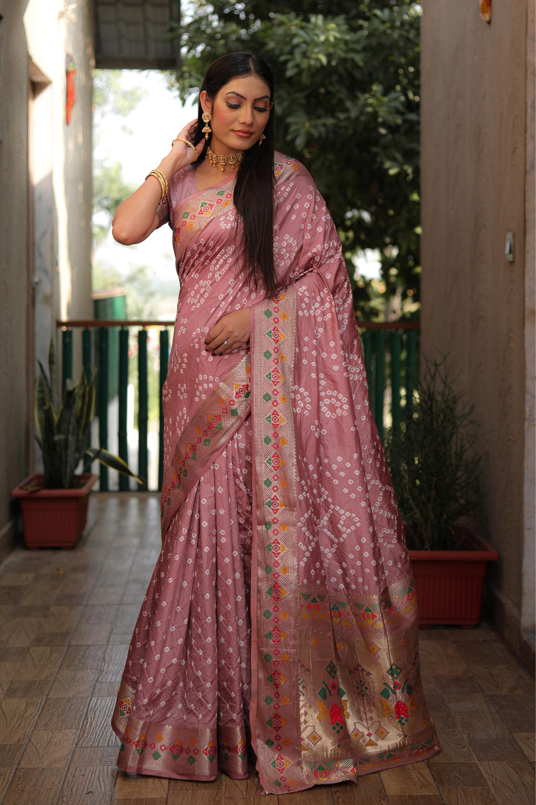 Light Pink Mayraa Pure Bandhej Silk Saree With Patola Border Zari Weaving Paithani And Paithani Rich Pallu