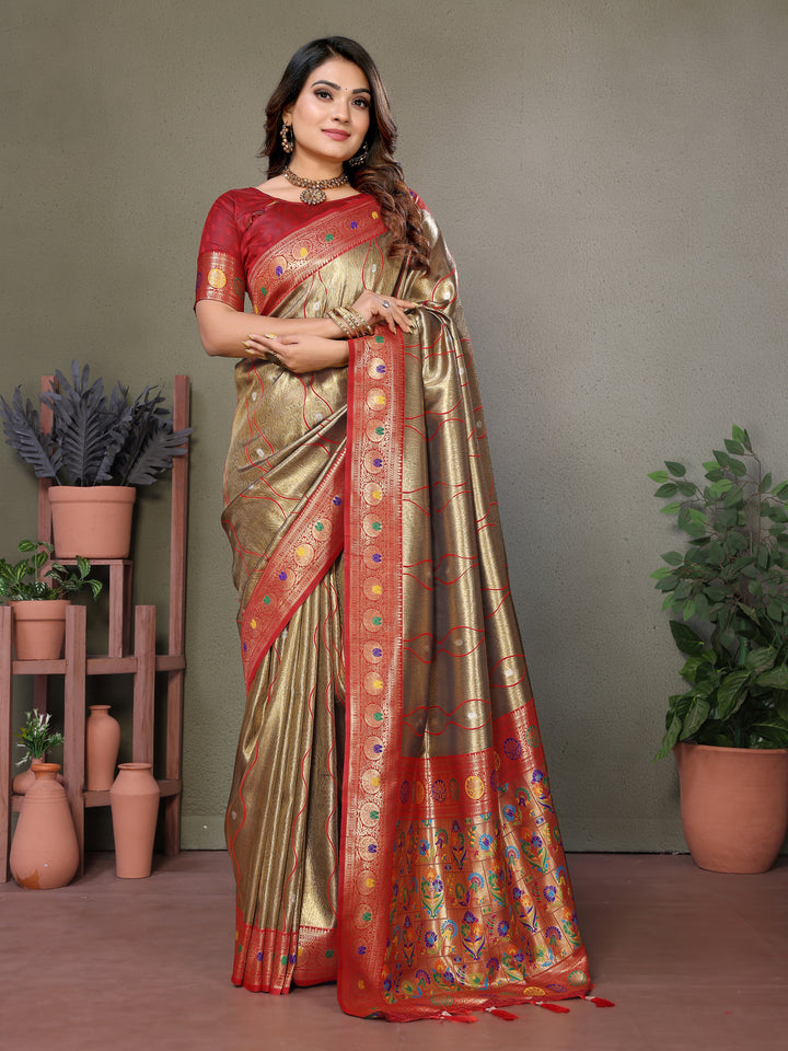 Beige Vasant Banarasi Tissue Silk Saree With Laheriya Woven Borders & Contrast Banarasi Pallu