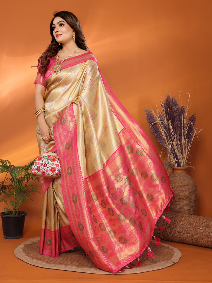 Beige Sonali Banarasi Silk Saree With Contrast Paithani Woven Borders & Pallu