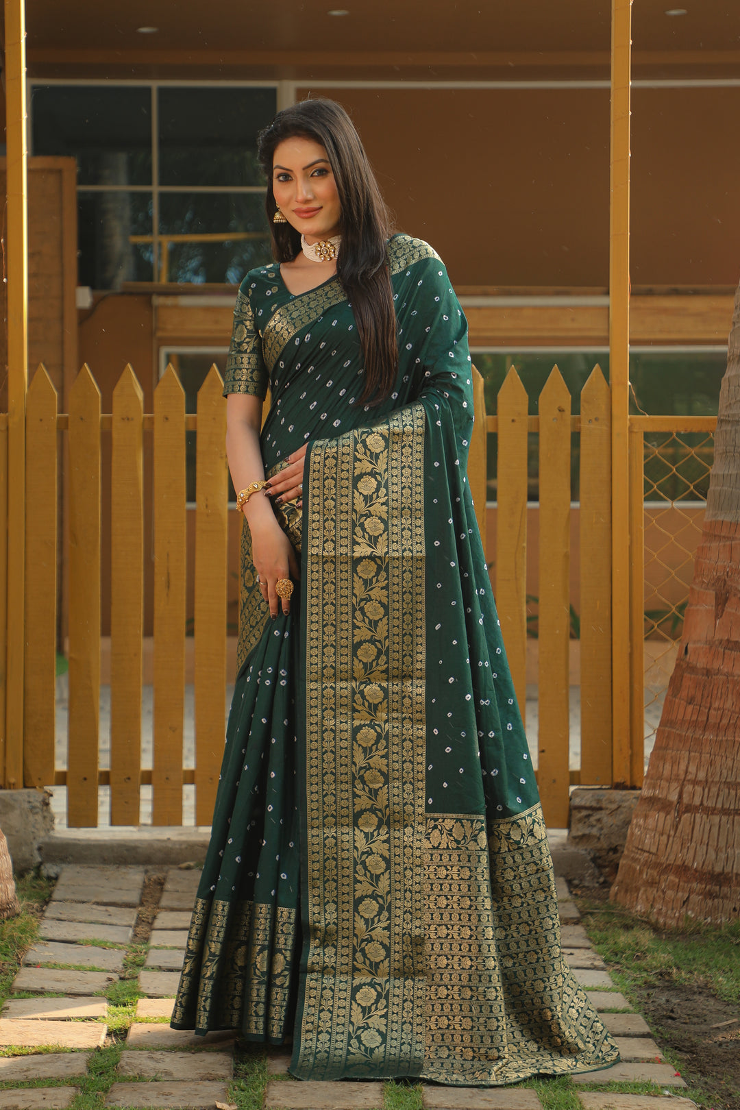 Green Toral Bandhej Kanjivaram Silk Saree Kanjivaram Border With Zari Weaving Rich Pallu