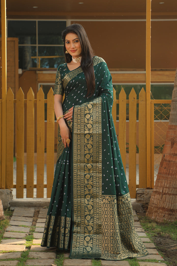 Green Toral Bandhej Kanjivaram Silk Saree Kanjivaram Border With Zari Weaving Rich Pallu