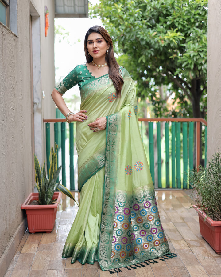Green Kamlika Dola Silk With Unique Butta And Contrast Border & Rich Pallu