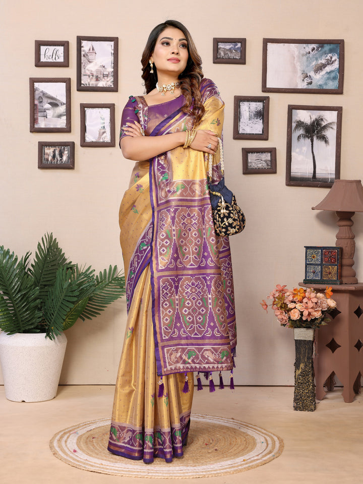 Yellow-Purple Surekha Banarasi Silk Saree With Contrast Patola Woven Borders & Pallu