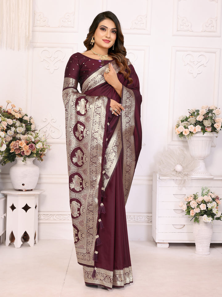 Dark Brown Rani Banarasi silk sarees saree with beautiful Gala weaving exclusive work soft comfy