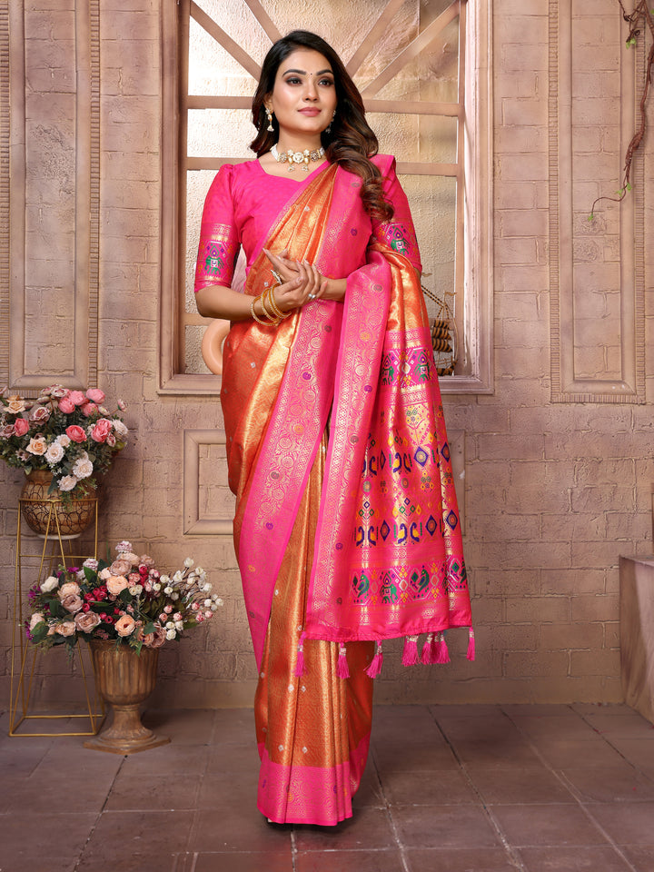 Orange Vimala Banarasi Silk Saree With Contrast Paithani Woven Borders & Pallu