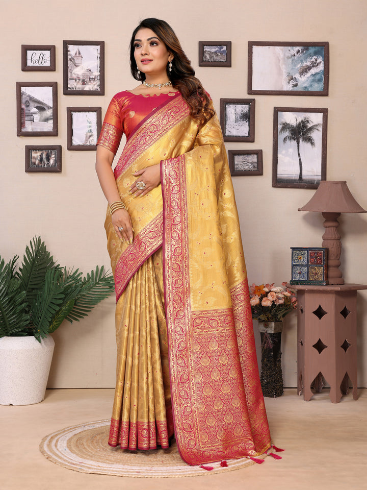Red-Yellow Hema pure Banarasi Tissues silk sarees Its soft and silky with Meenkari woven border