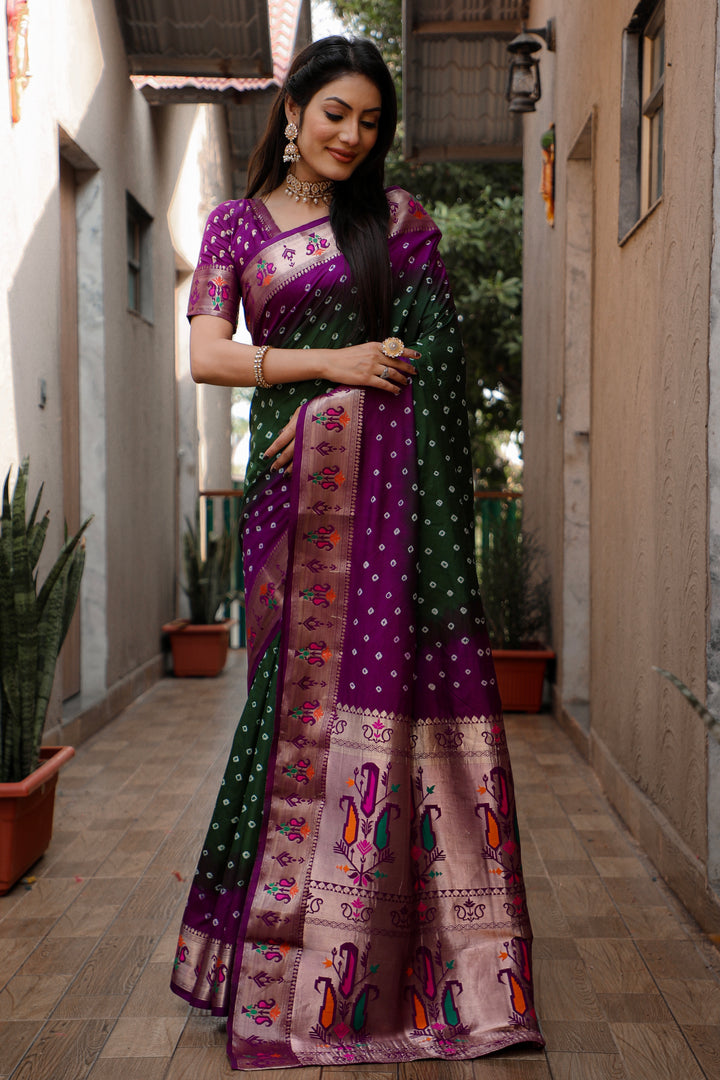 Green Chandani Dola Soft Silk Bandhej Sarees Jari Paithani Weaving Border & Weaving Paithani Style Rich Pallu