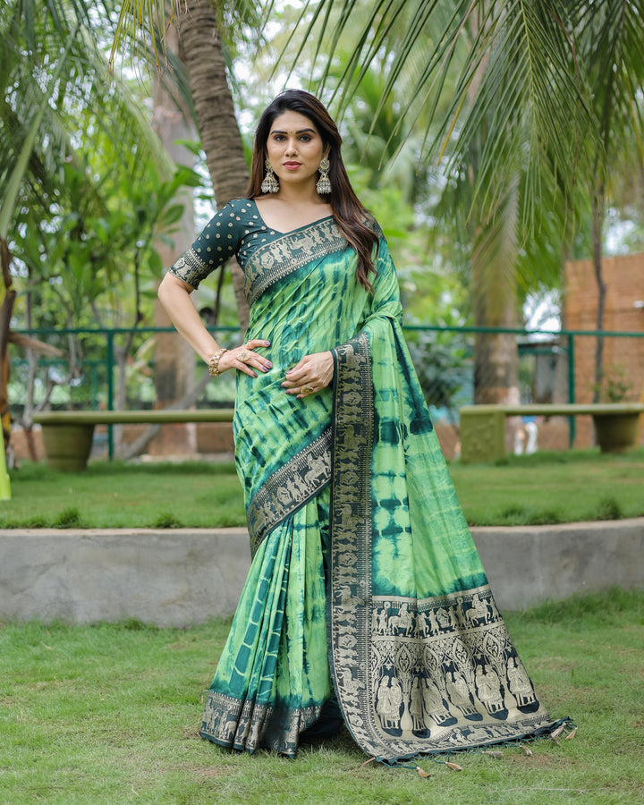 Green Rangavelly Sibori Print Paithani Silk Sarees With Gold Zari Paithani Border & Contrast Rich Pallu