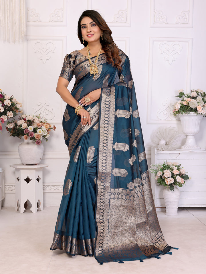 Navy Blue Vanshika Soft Organza Silk Banarasi Saree With Unique Butta With Unique Colours