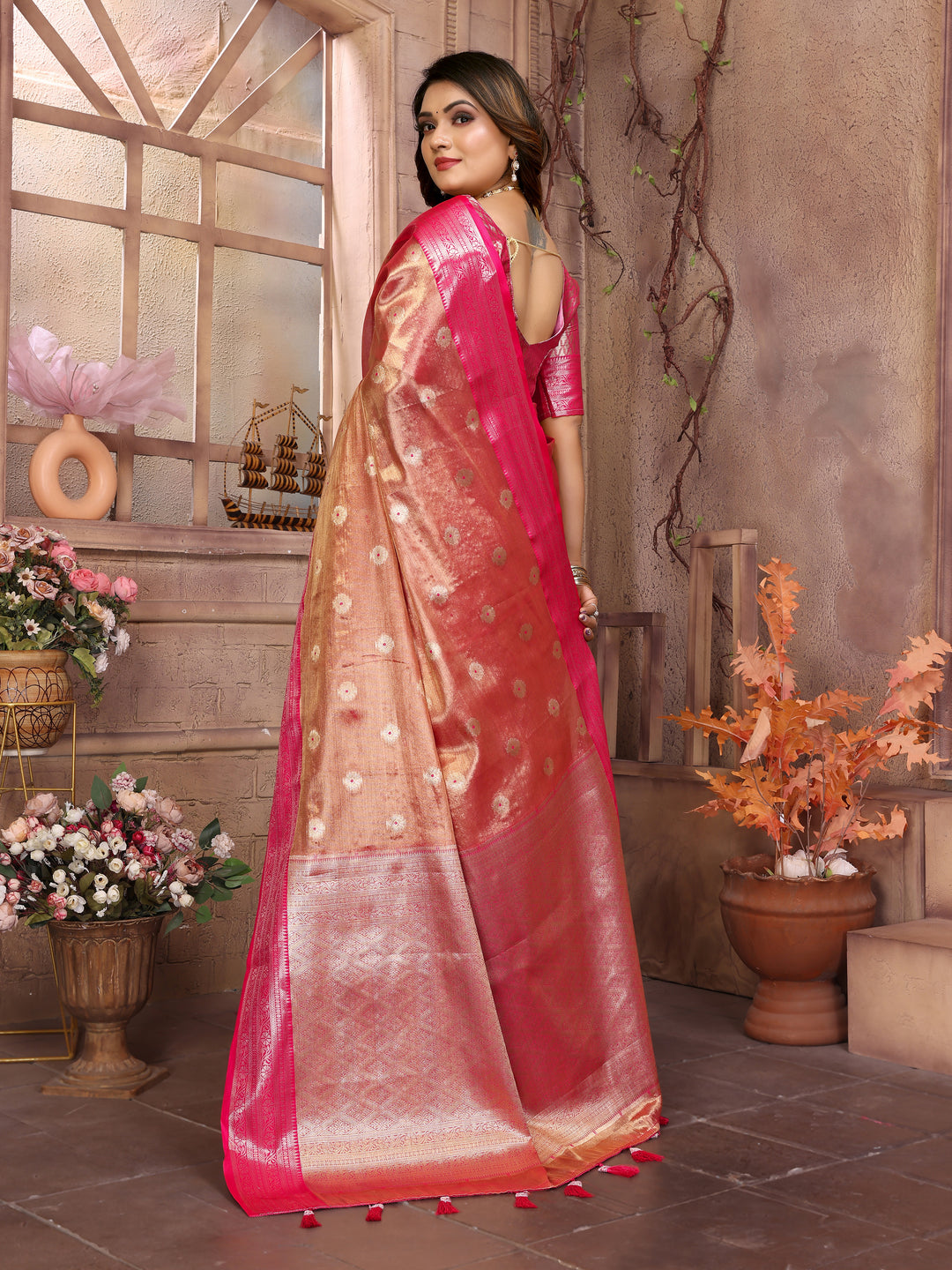 Red Anita Handloom Tissue Silk Sarees with Zari Weaving Designs and Zari borders Rich Pallu