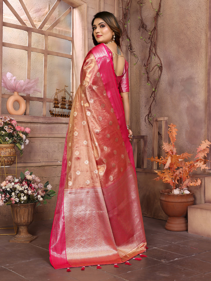 Red Anita Handloom Tissue Silk Sarees with Zari Weaving Designs and Zari borders Rich Pallu