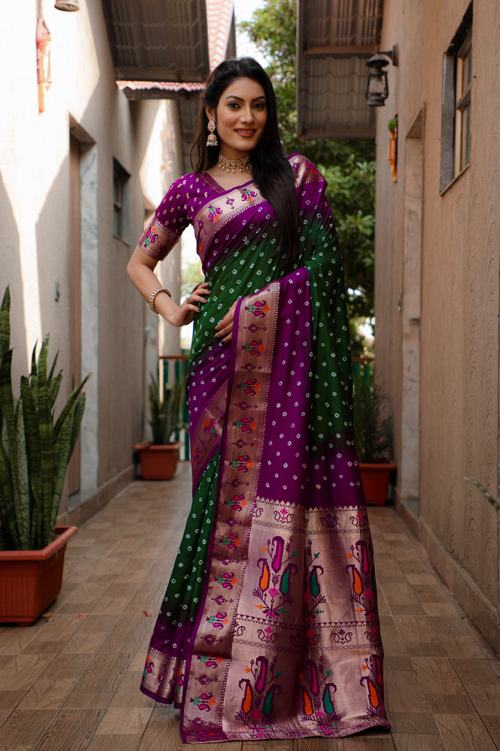 Green Chandani Dola Soft Silk Bandhej Sarees Jari Paithani Weaving Border & Weaving Paithani Style Rich Pallu