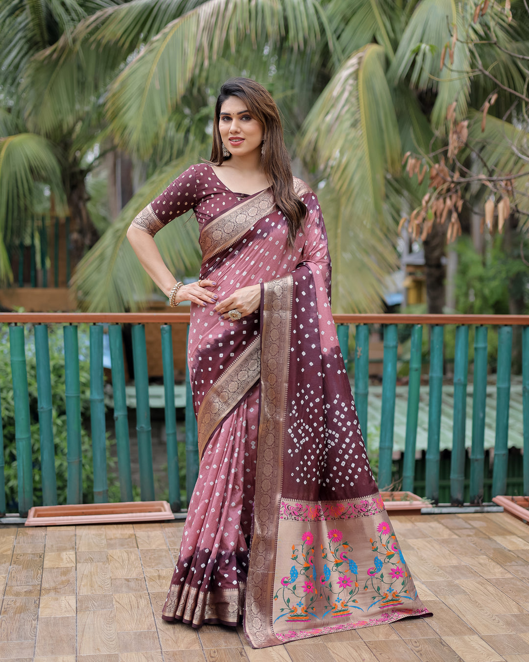 Light peach Devika Dola Soft Silk Bandhej Sarees Jari Paithani Weaving Border & Weaving Paithani Style Rich Pallu