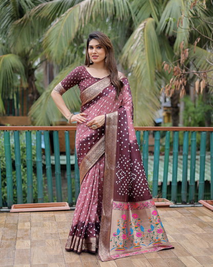 Light peach Devika Dola Soft Silk Bandhej Sarees Jari Paithani Weaving Border & Weaving Paithani Style Rich Pallu