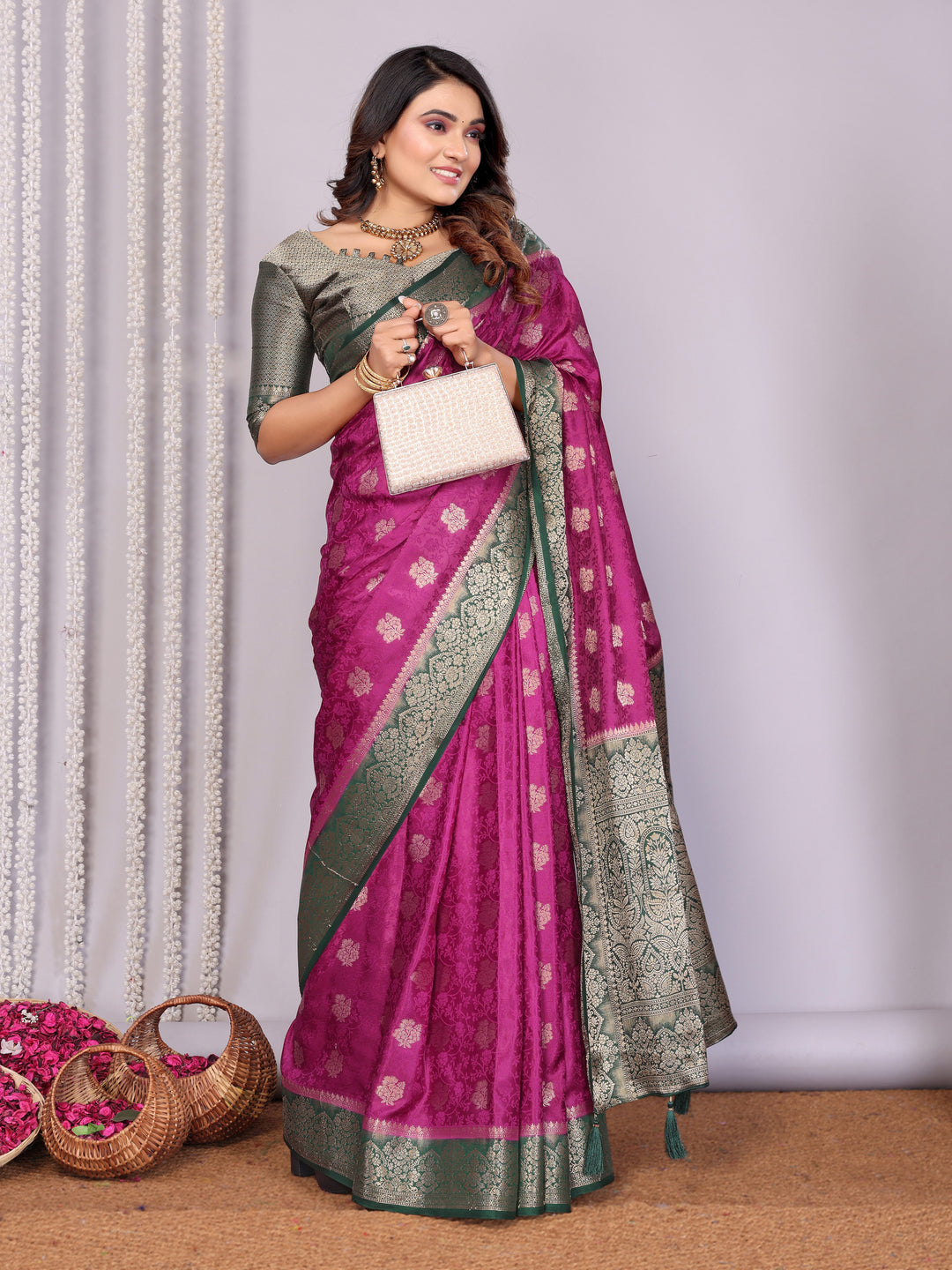 Purple Sandhya Satin Silk Sarees With Butta Designs & Contrast Zari Woven Borders