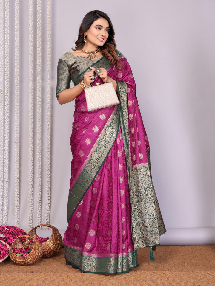 Purple Sandhya Satin Silk Sarees With Butta Designs & Contrast Zari Woven Borders
