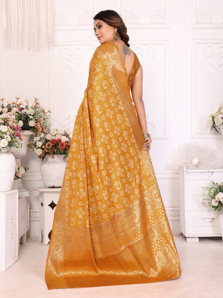 Yellow Samshira Soft Satin Silk Bandhej Print Saree With Zari Border Design And Having Rich Pallu