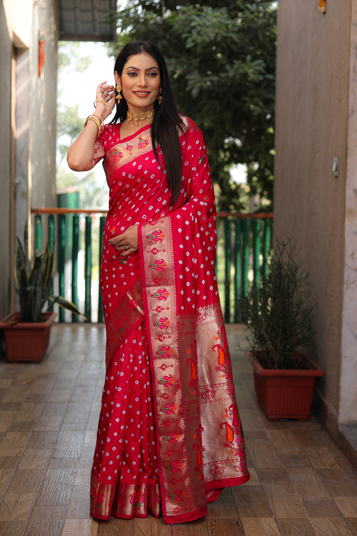 Red Yogeshwari Dola Soft Silk Bandhej Saree With Jari Border & Weaving Paithani Style Rich Pallu