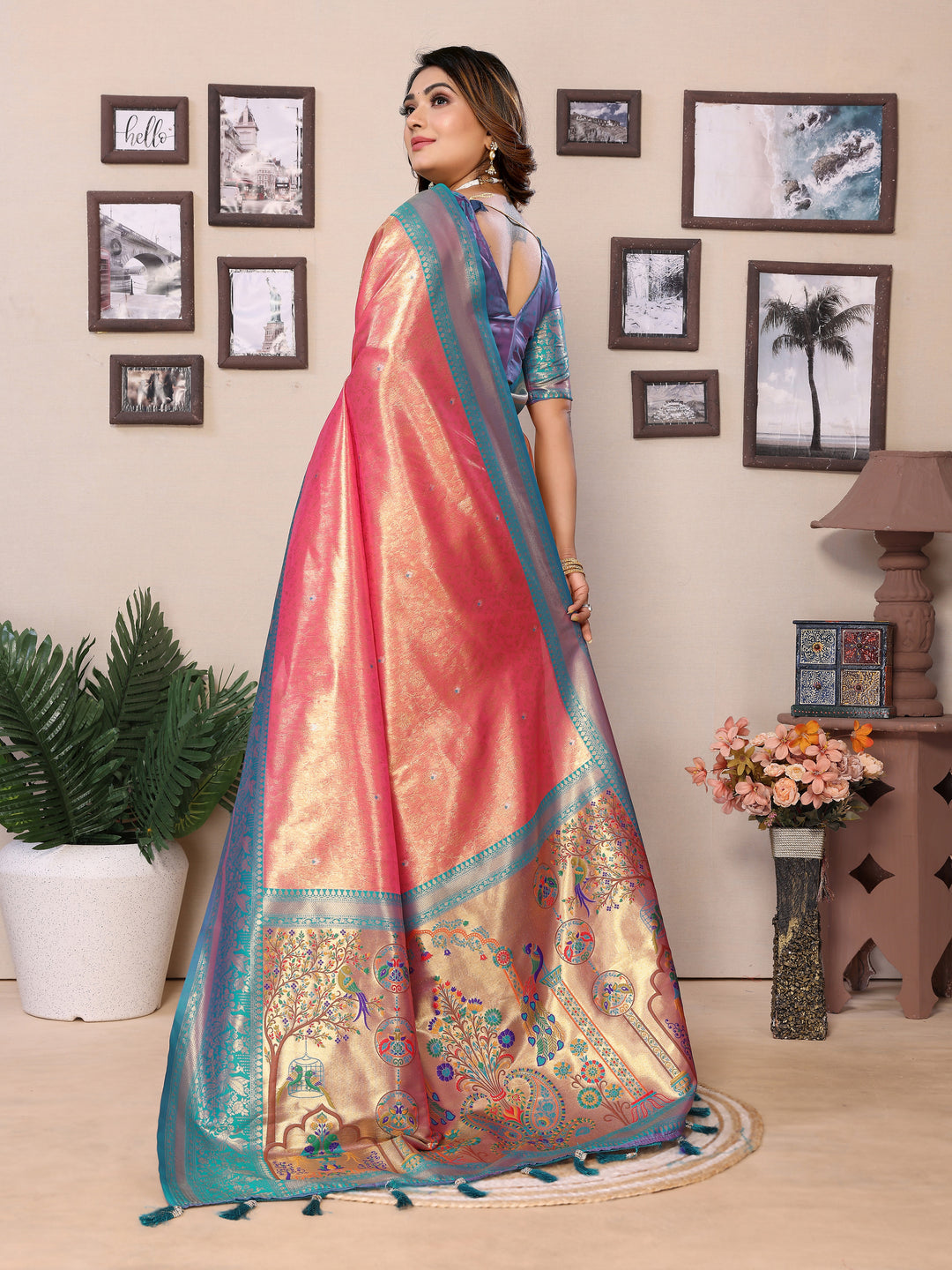 Pink Vantara Banarasi Tissue Silk Saree With Contrast Paithani Woven Borders & Pallu
