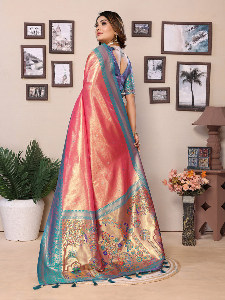 Pink Vantara Banarasi Tissue Silk Saree With Contrast Paithani Woven Borders & Pallu